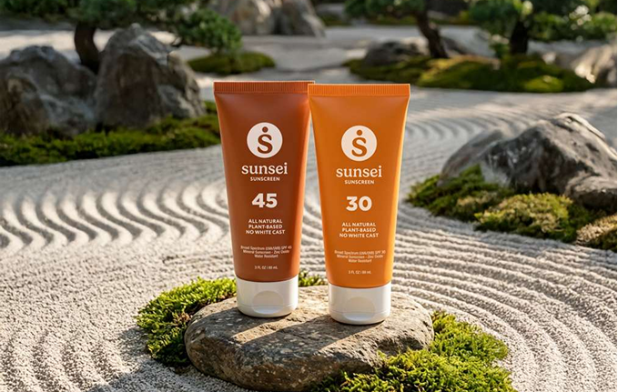 Sunsei sunscreen products in a natural garden setting